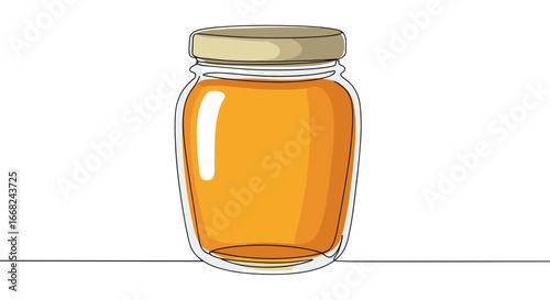 Glass jar of honey with golden color and minimalist design on white background and copy space