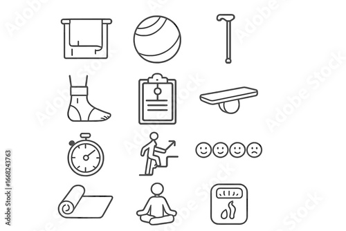 Home Therapy Icon Set. Outline icon set of physical therapy at home: stretch band, exercise ball, walking