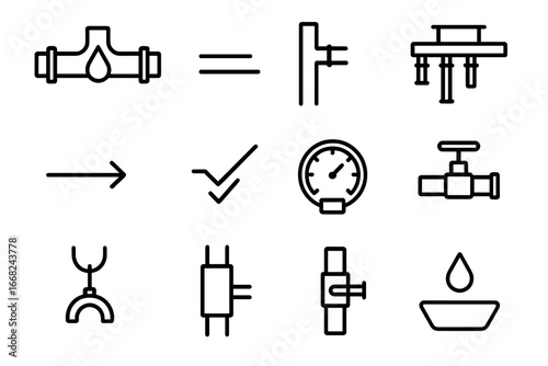 Home Water System Icons. Outline icon set of home water system layout: main water line, supply pipe, drain