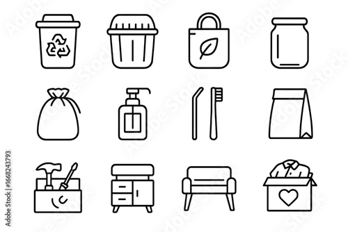 Home Waste Reduction Icons. Outline icon set of waste reduction at home: recycling bin, compost bin, reusable