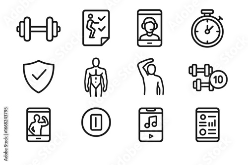 Home Workout Icon Set. Outline vector icons of home workout apps: dumbbell icon, bodyweight plan, virtual