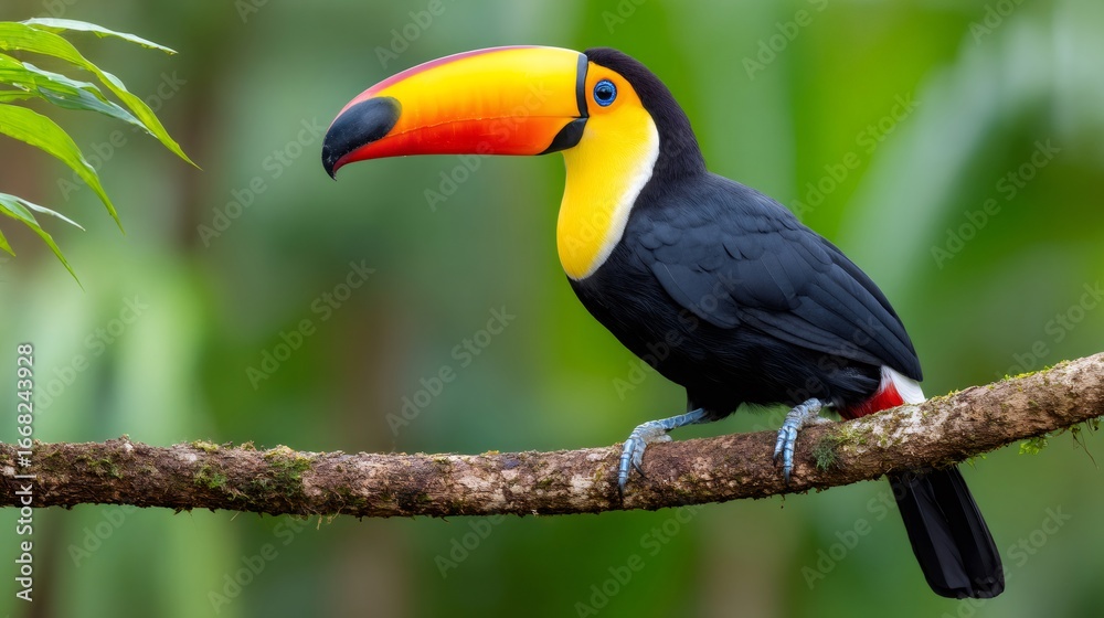 Fototapeta premium Keel billed toucan perched on branch in lush rainforest