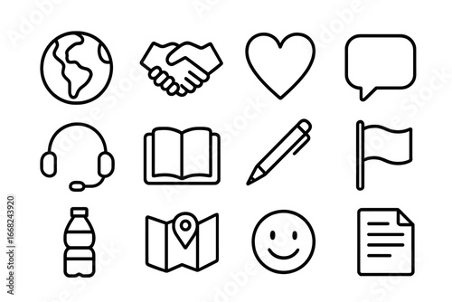 Humanitarian Aid Icons. Outline icon set of humanitarian aid with translation: globe, handshake, heart, speech