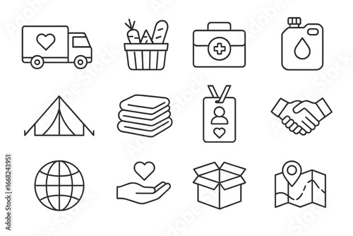 Humanitarian Aid Icons. Outline icon set of humanitarian aid: relief truck, food basket, medical kit, water