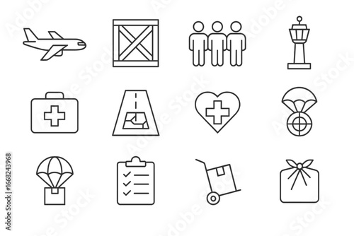 Humanitarian Airlift Icons. Outline icon set of humanitarian airlifts: cargo plane, crate icon, tarmac team,