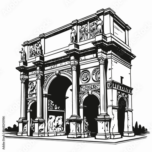 Ancient arch carved with symbols silhouette