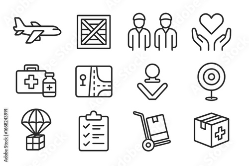 Humanitarian Airlift Icons. Outline icon set of humanitarian airlifts: cargo plane, crate icon, tarmac team,