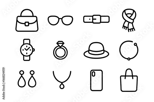 Iconic Accessories Grid. Outline icon set of influencer accessory styling: handbag, sunglasses, belt, scarf,