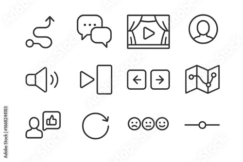 Immersive Storytelling Icon Set. Outline icon set of immersive storytelling spaces: narrative paths,