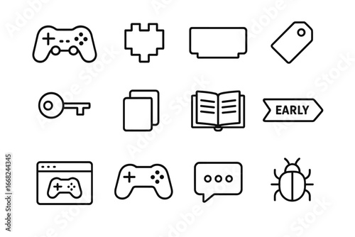 Indie Game Icon Set. Outline icon set of indie game showcase: gamepad, pixel art logo, title card, demo badge,
