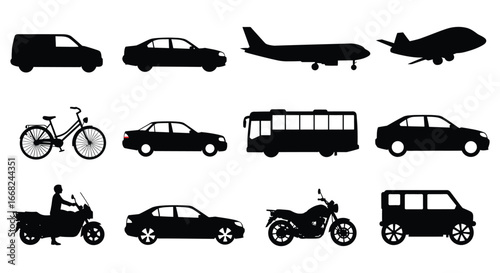 Silhouettes of various vehicles and transportation methods on a white background
