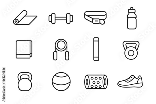 Indoor Exercise Icons. Outline icon set of indoor exercise: yoga mat, dumbbell, resistance band, water bottle,