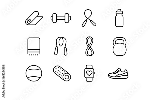 Indoor Exercise Icons. Outline icon set of indoor exercise: yoga mat, dumbbell, resistance band, water bottle,