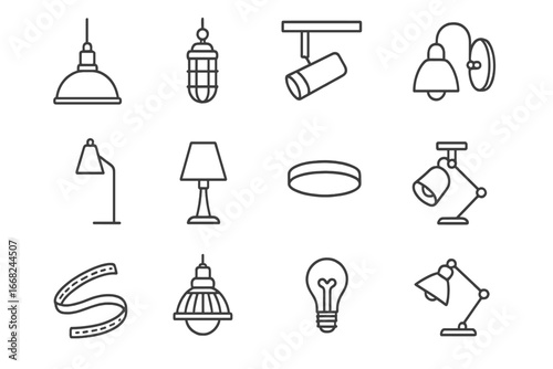 Industrial Lighting Icons. Outline icon set of industrial lighting: metal pendant lamp, cage light, track