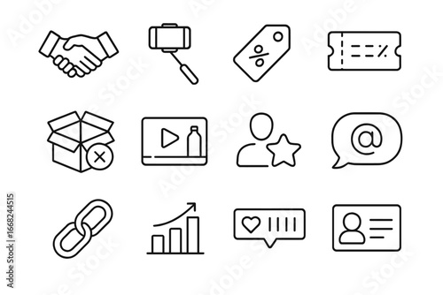 Influencer Collaboration Icons. Outline icon set of influencer collaboration: handshake icon, selfie stick,