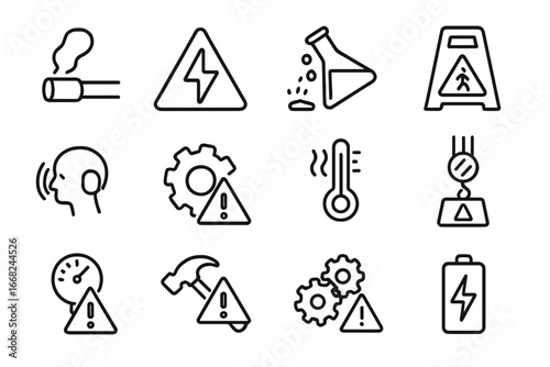 Industrial Safety Icons. Outline icon set of industrial risk indicators: gas leak icon, voltage hazard,