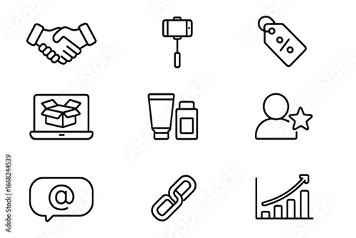 Influencer Collaboration Icons. Outline icon set of influencer collaboration: handshake icon, selfie stick,