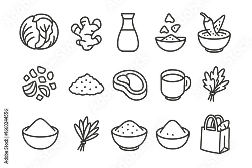 Ingredient Icon Grid. Outline icon set of ingredient selection: fresh cabbage, ginger root, soy bottle, chili