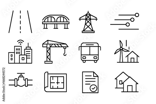 Infrastructure Icon Set. Outline icon set of infrastructure development: roads, bridges, power grid, fiber