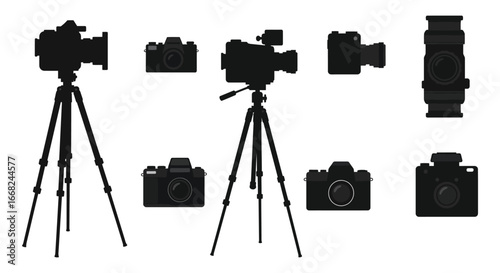 Collection of various camera silhouettes on tripods and standalone