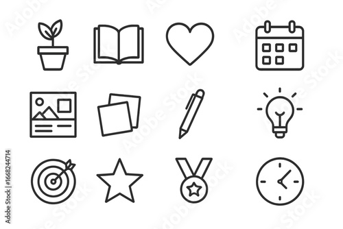 Intentional Living Icons. Outline icon set of intentional living goals: plant, book, heart, calendar, vision