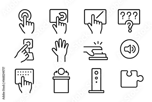 Interactive Exhibit Icons. Outline icon set of interactive exhibitions: touch icon, moving part, screen