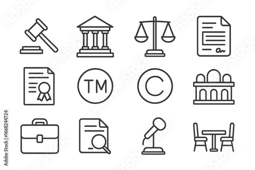 Intellectual Property Icons. Outline icon set of legal proceedings in intellectual property disputes: gavel,
