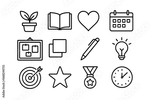 Intentional Living Icons. Outline icon set of intentional living goals: plant, book, heart, calendar, vision