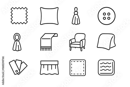 Interior Textile Icons. Outline icon set of interior textile decor: fabric swatch, pillow insert, trim tassel,