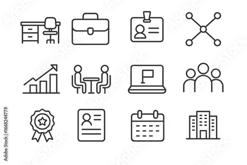 International Internship Icons. Outline icon set of international internships: office desk, briefcase, ID