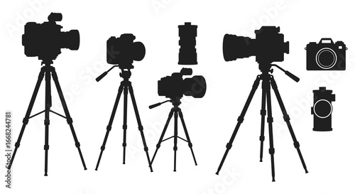 Collection of camera silhouettes on tripods and handheld devices
