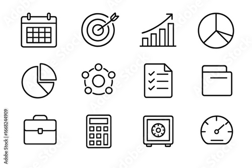 Investment Planning Icons. Outline icon set of investment planning: calendar, target icon, goal arrow, bar