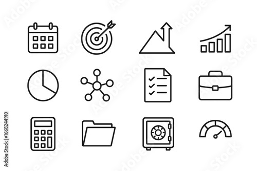 Investment Planning Icons. Outline icon set of investment planning: calendar, target icon, goal arrow, bar