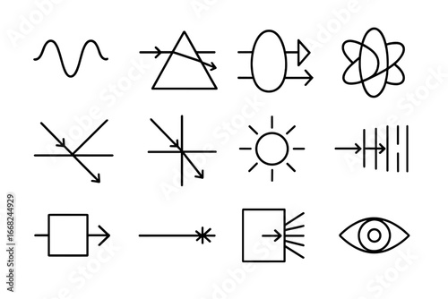 Invisibility Physics Icons. Outline icon set of the physics of invisibility: light wave, prism, cloaking
