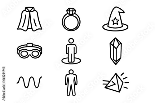 Invisibility Icon Set. Outline icon set of invisibility in popular culture: superhero cloak, magic ring,