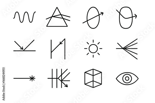 Invisibility Physics Icons. Outline icon set of the physics of invisibility: light wave, prism, cloaking