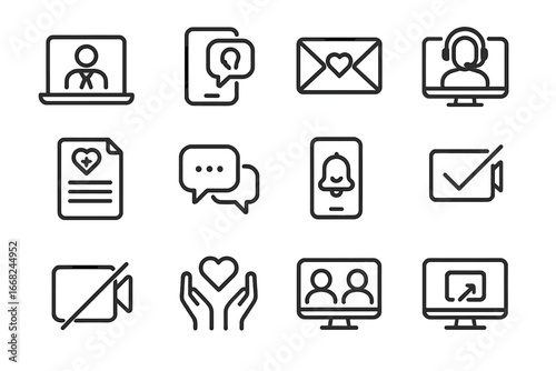Invisible Disabilities Icon Set. Outline icon set of remote support for invisible disabilities: virtual HR,