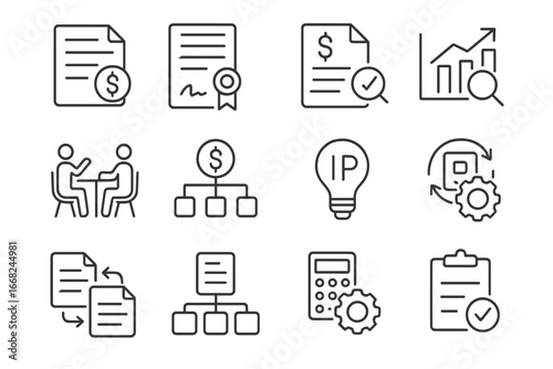 IP Valuation Icons. Outline icon set of IP valuation and licensing: valuation report, licensing contract,