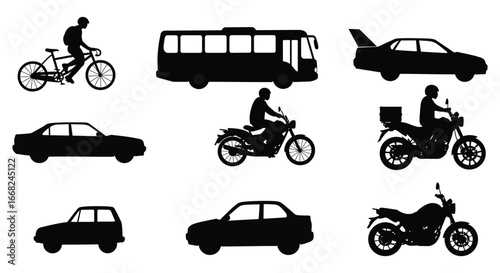 Silhouettes of vehicles and cyclists on road transportation icons