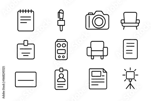 Journalism Tools Icons. Outline icon set of journalism tools: notepad, pen, reporter mic, DSLR camera, news