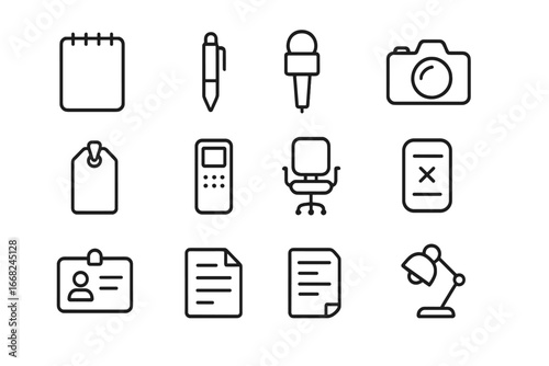 Journalism Tools Icons. Outline icon set of journalism tools: notepad, pen, reporter mic, DSLR camera, news