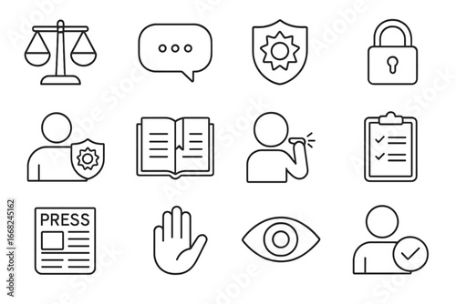 Journalism Ethics Icons. Outline icon set of journalism ethics: scales of justice, speech bubble, truth,
