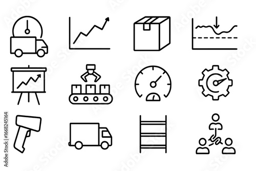 Just-in-Time Icon Set. Outline icon set of just-in-time inventory: delivery clock, demand graph, inventory box