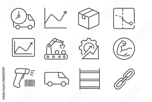 Just-in-Time Icon Set. Outline icon set of just-in-time inventory: delivery clock, demand graph, inventory box