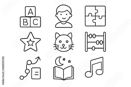 Kids Learning App Icons. Outline icon set of kids learning apps: alphabet block, cartoon avatar, colorful