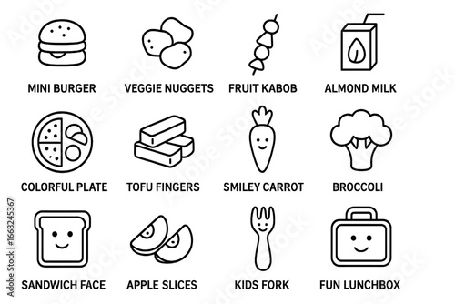 Kids' Plant-Based Meal Icons. Outline icon set of kids' plant-based meals: mini burger, veggie nuggets, fruit