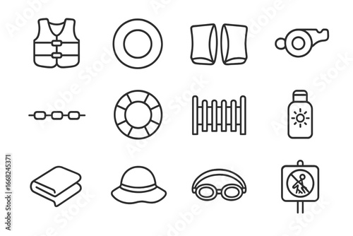Kids' Pool Safety Icons. Outline icon set of kids’ pool safety: life jacket, swim ring, arm floaties, whistle,