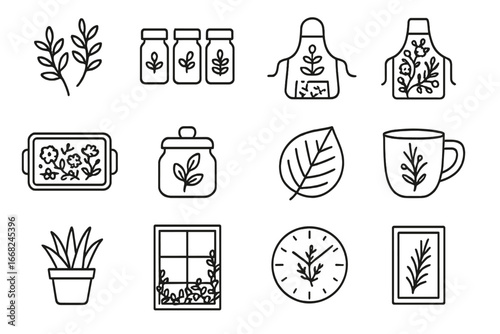 Kitchen Botanical Icons. Outline icon set of botanical accents in kitchens: herb decal, spice labels, plant