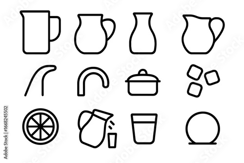 Kitchen Pitcher Icons. Outline icon set of home kitchen pitchers: tall jug, short jug, glass carafe, ceramic