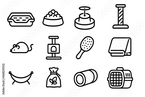Kitten Care Icon Set. Outline icon set of kitten care items: litter tray, food dish, water fountain,